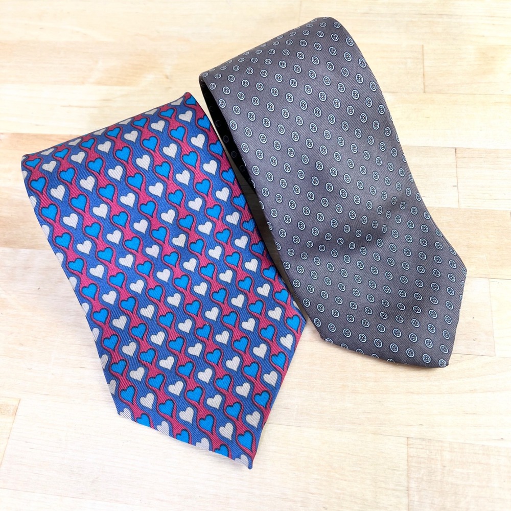 Vintage Cambridge Classics Mervyns Necktie Lot 2 Silk Brown Blue Heart Medallion